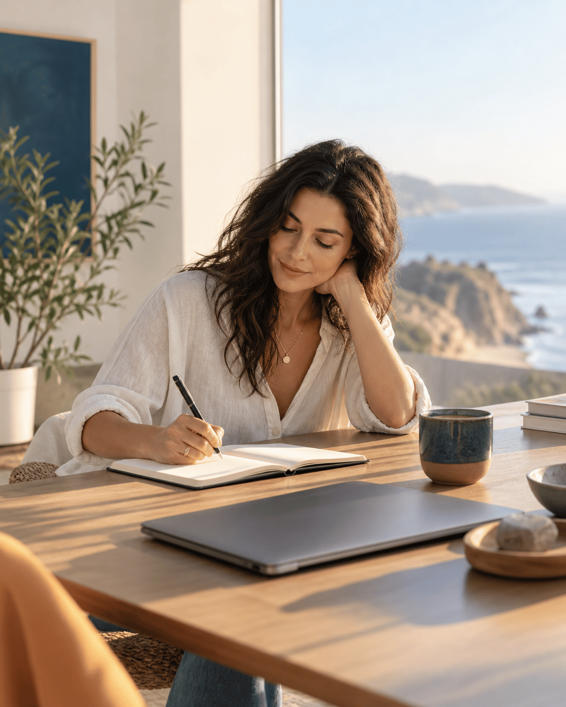 A creative professional pausing to journal at a warm, uncluttered desk