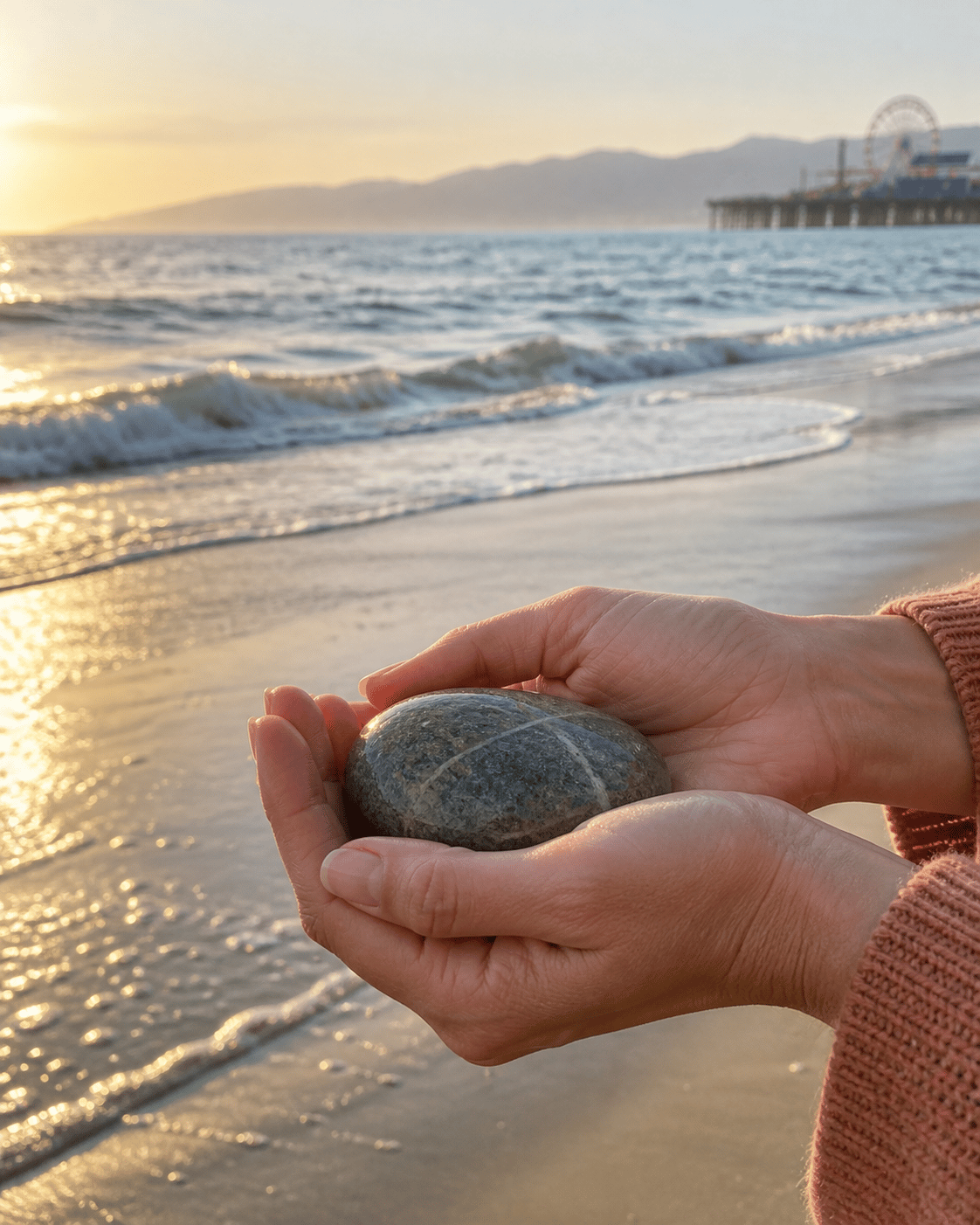 Hands holding a smooth grounding stone at the Santa Monica shoreline